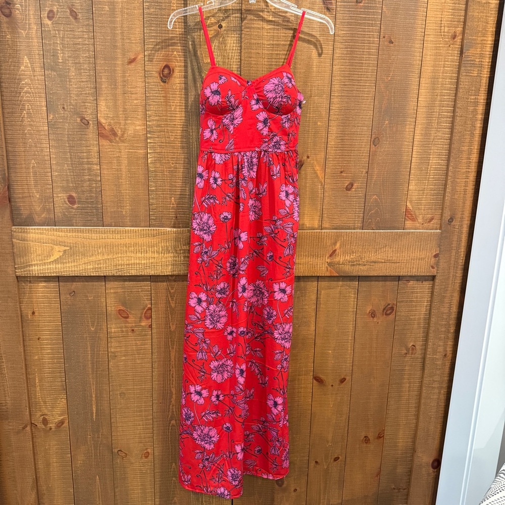 BOG Collective Pink & Red Floral Corset Dress with Pockets Cottagecore